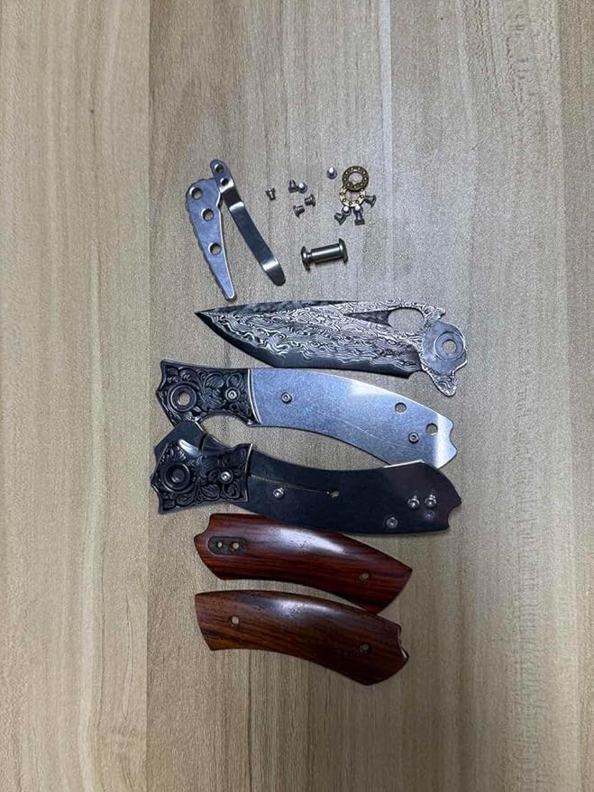 Damascus Steel Folding Pocket Knife with VG10 Core, Wooden Handle & Leather Sheath, Outdoor Knife