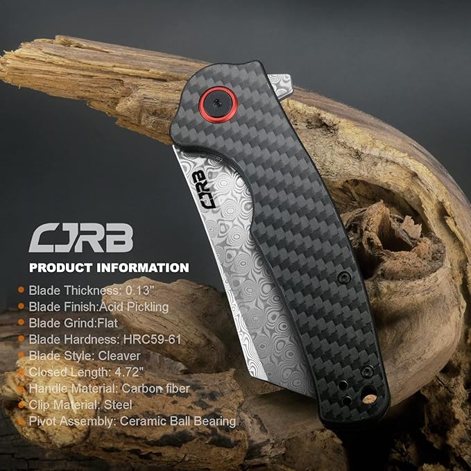 CJRB Crag Folding Pocket Knife, 3.43" Rose Damascus steel Blade Carbon Fiber Handle EDC Knife with