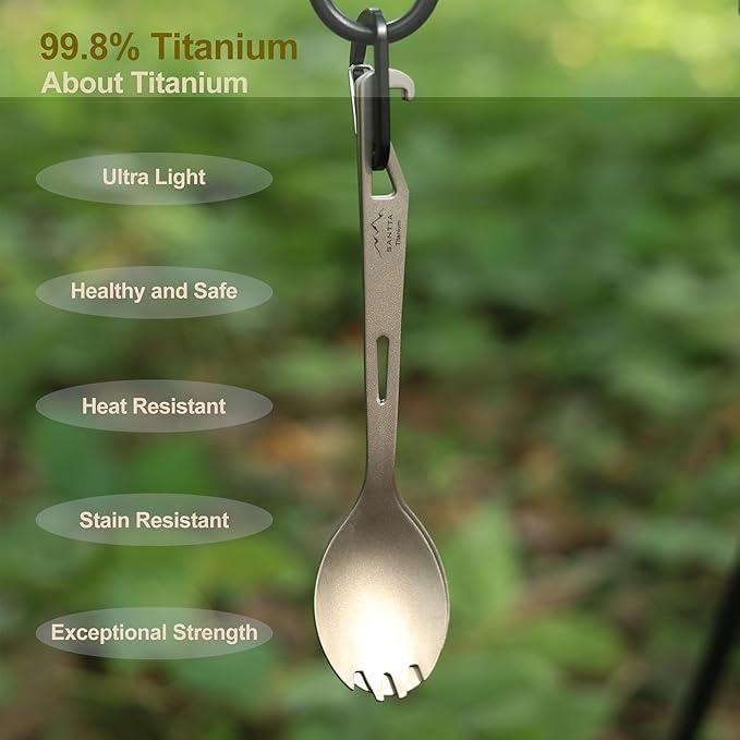 SANTTA Titanium 3-in-1 Camping Spork, Spoon, Fork & Bottle Opener Combo Utensil for Hiking and