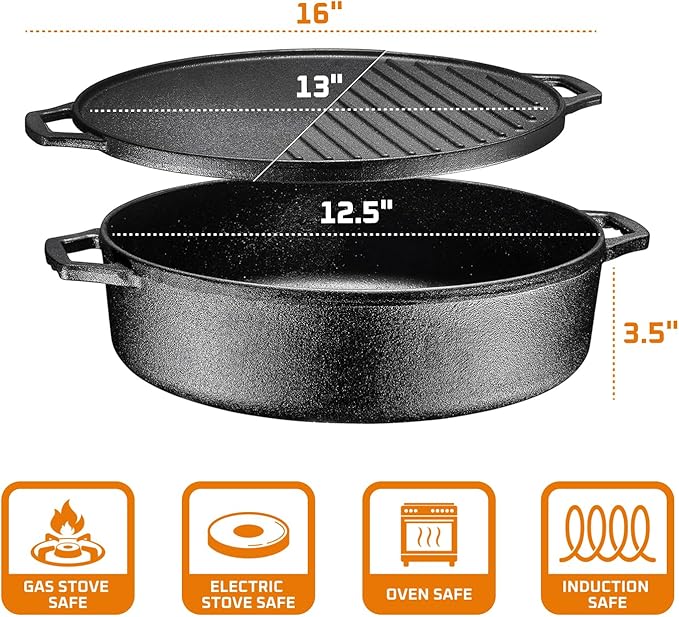Bruntmor 3-in-1 Pre-Seasoned Cast Iron Skillets with Reversible Grill Griddle Lid - 6.8 Quart Round