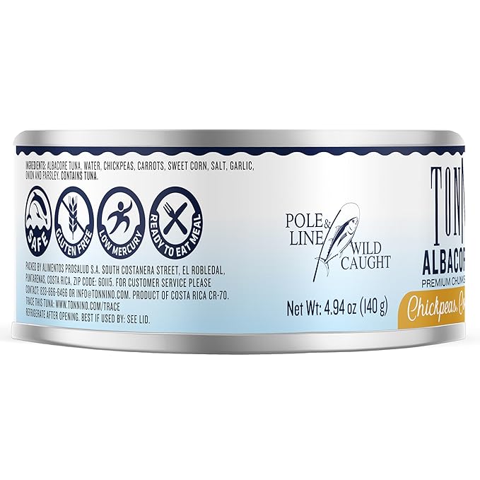 Tonnino Tuna Fish Albacore - Premium chunk in water with Chickpeas, Corn & Carrots - Pack of 12