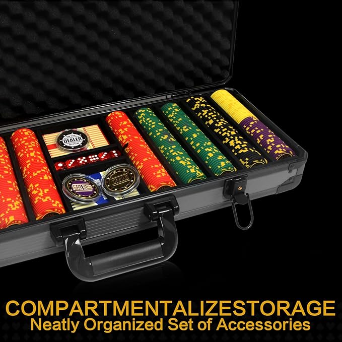 13.5 Gram Clay Poker Chip Set Texas Hold'em Casino Chips 2 Decks of Cards, Aluminum Case Dealer