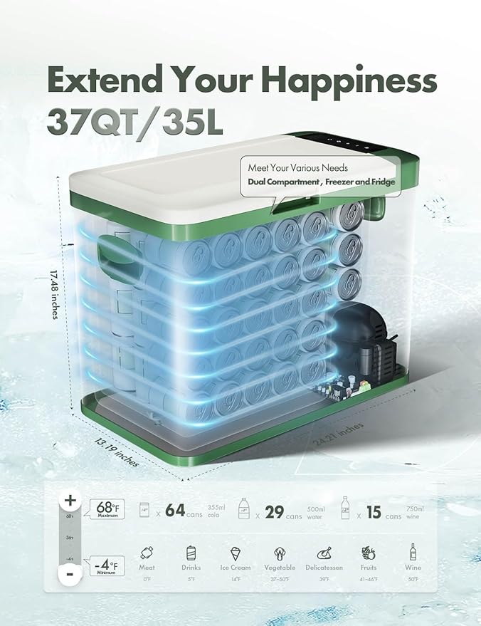 A-Premium 12 Volt Refrigerator 37QT/34.9L Portable Car Fridge Cooler, -4°F~68°F Portable Freezer
