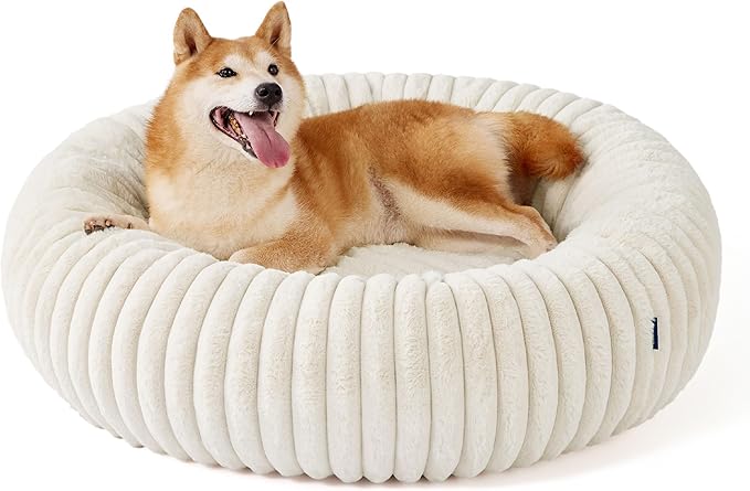 Bedsure Donut Large Dog Bed - Washable Faux Fur with Corduroy Fleece & Anti Slip Bottom, Round Pet