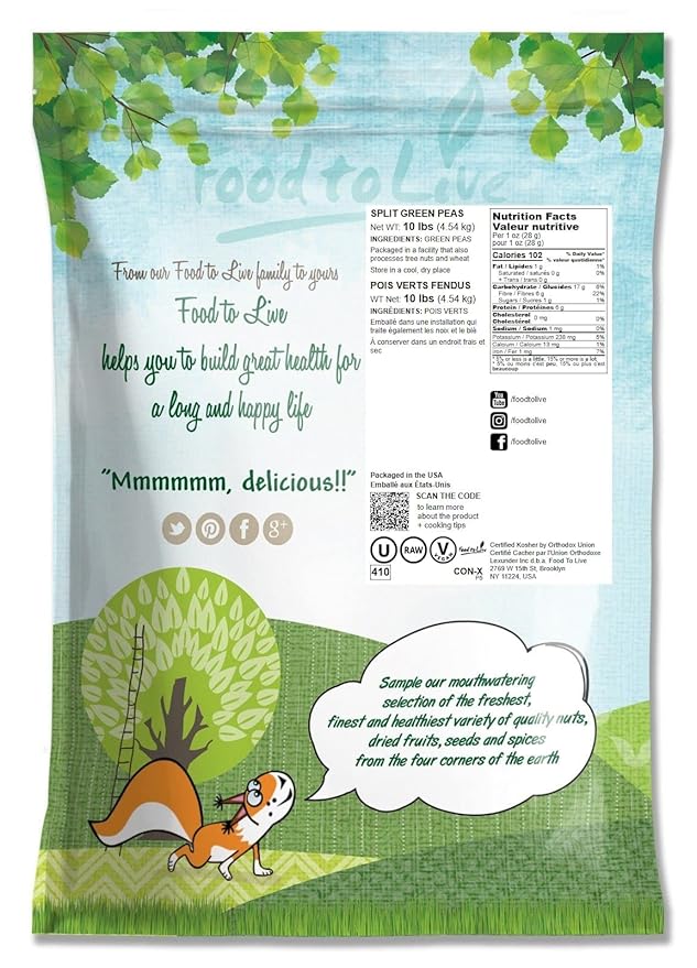 Food to Live Green Split Peas, 10 Pounds - Dried, Vegan, Kosher, Bulk. Easy to Cook. Rich in