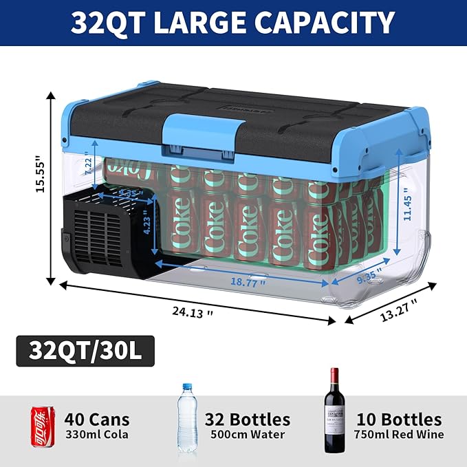 30L Car Refrigerator Freezer, 32QT Single Zone Portable Fridge with Blow Expansion Evaporator
