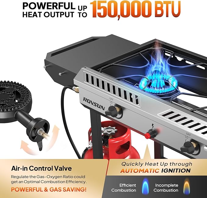 ROVSUN 2 Burner Outdoor Propane Gas Stove with Auto-ignition, Regulator & Shelf, 150,000 BTU