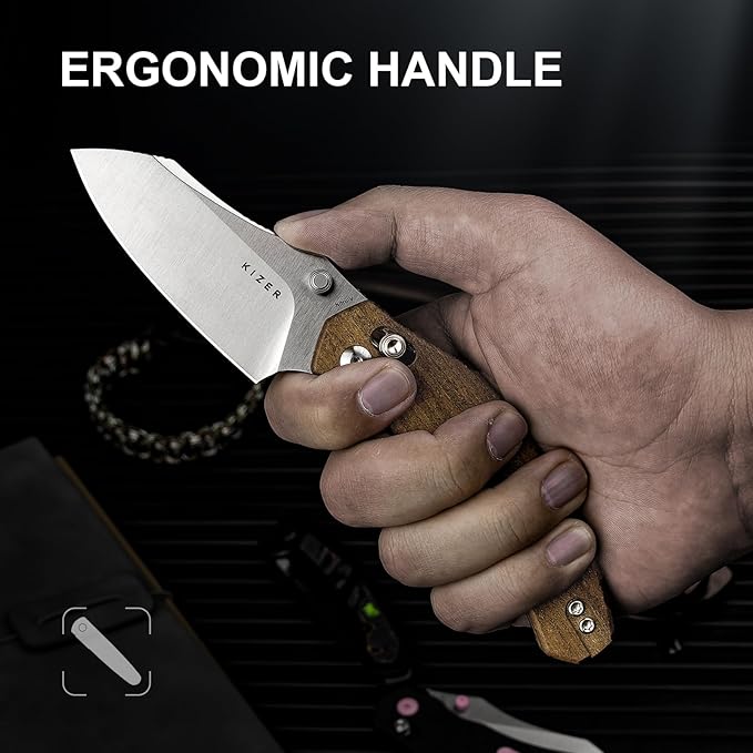 Kizer Bulldog Pocket Knife, 3 In Nitro V Blade Folding Knife Mkuruti Wood Handle Camping Hunting