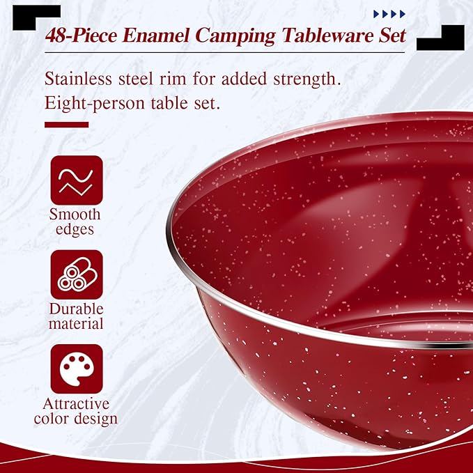 Nuogo 48 Pcs Enamel Camping Tableware Includes 12 oz Coffee Mugs 10.5 Inch Camping Plates 6 Inch