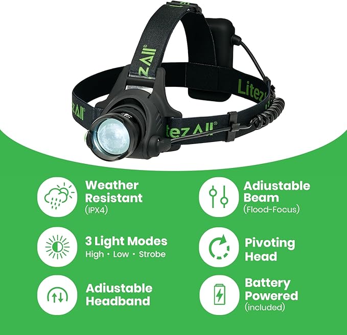 LitezAll LED Headlamp Work Light, 800 Lumen Adjustable Battery Powered Head lamp with 3 Modes