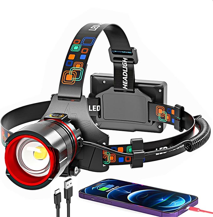 Headlamp Rechargeable 90000 Lumens Ultra Bright Head Lamp Super Bright Hard Hat Light Zoomable