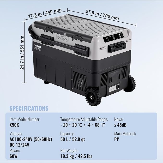 VEVOR Portable Car Refrigerator, 12 Volt Car Refrigerator Fridge, 50Liter(52.8qt) Dual Zone