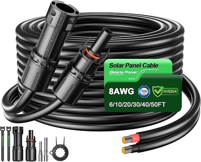 Bateria Power 6 Feet 8AWG Solar Panel Extension Cable, 10mm² Twin Wire Conductor Parallel Solar