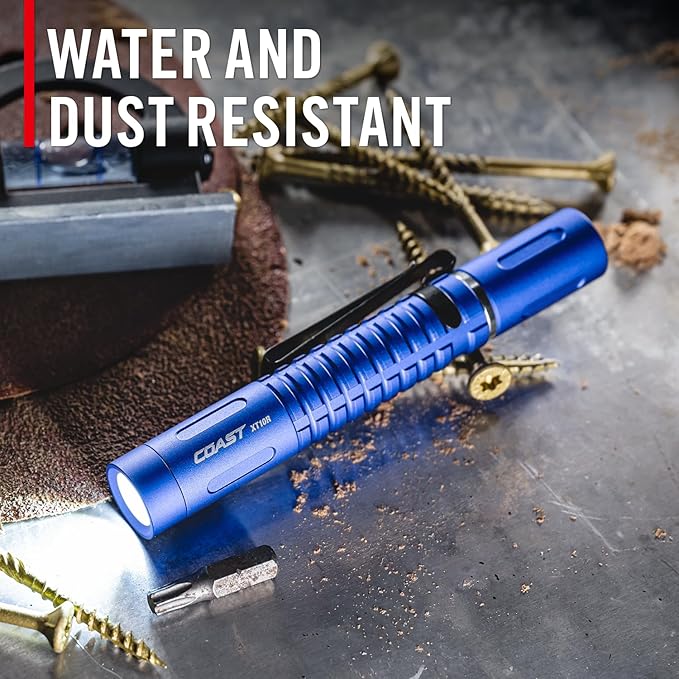 COAST XT10R 280 Lumen USB-C Rechargeable Pocket Flashlight/Penlight with TWIST FOCUS and Two-Way Clip, 3 Bite Caps included, Pocket Size for EDC, Work and Emergencies, BLUE