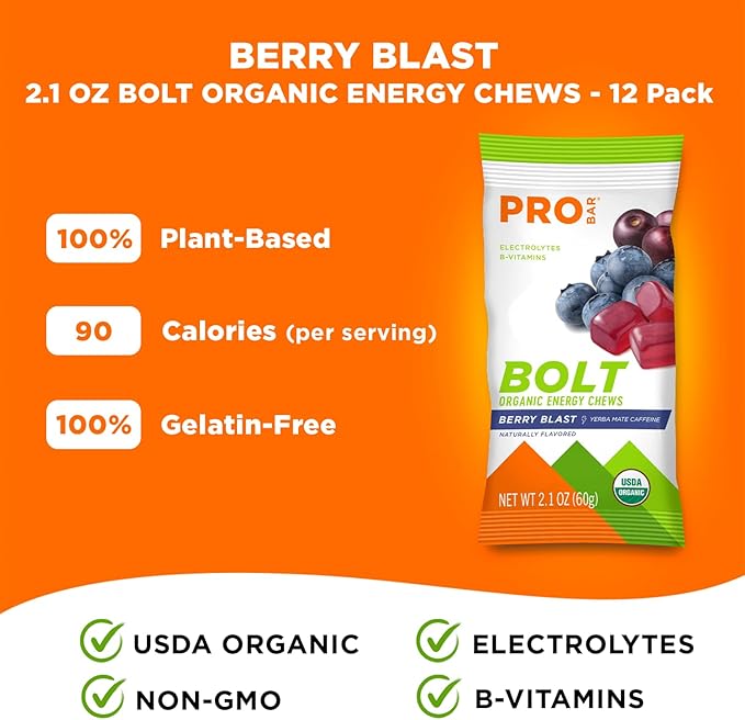 PROBAR - Bolt Organic Energy Chews, Berry Blast, Non-GMO, Gluten-Free, USDA Certified Organic