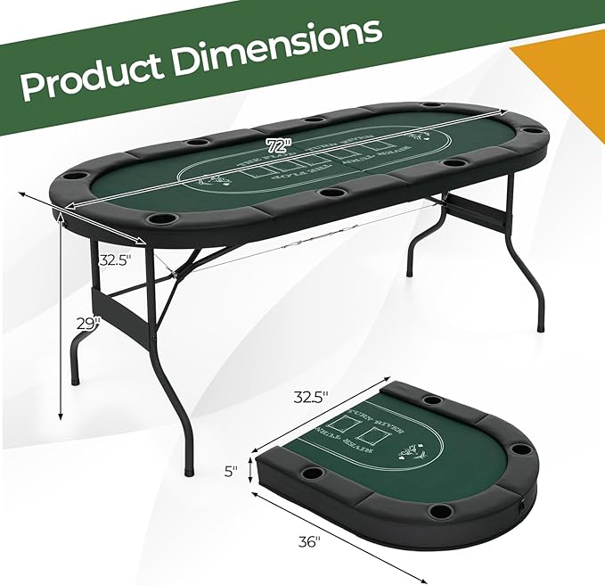 Goplus 72” Poker Table Foldable, 8 Players Card Board Game Table w/Deep Metal Cup Holders, Casino