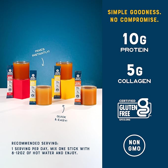 Bare Bones Bone Broth Instant Powdered Mix | 4 Beef 4 Chicken 4 Ramen 4 Lemon Ginger | Non-GMO