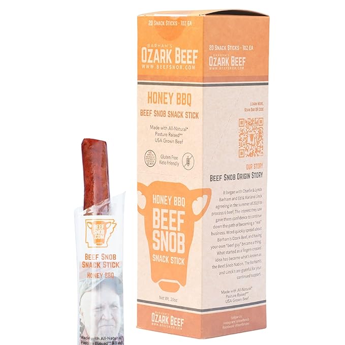 Beef Snob Snack Sticks - Honey BBQ Flavor - 1 Ounce Snack - 20 Meat Sticks Per Box - High Protein