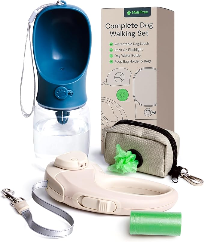 MalsiPree Walking Set with Retractable Dog Leash, Poop Bag Holder, Leak Proof 12 Oz Dog Water