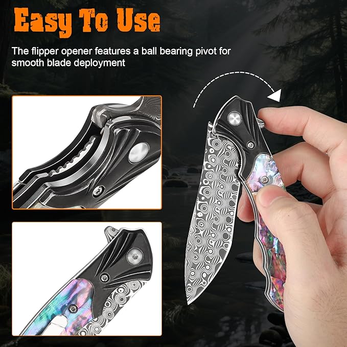 AUBEY Damascus Pocket Knife for Women Men, 3.43" VG10 Damascus Steel Blade Knife with Clip, EDC