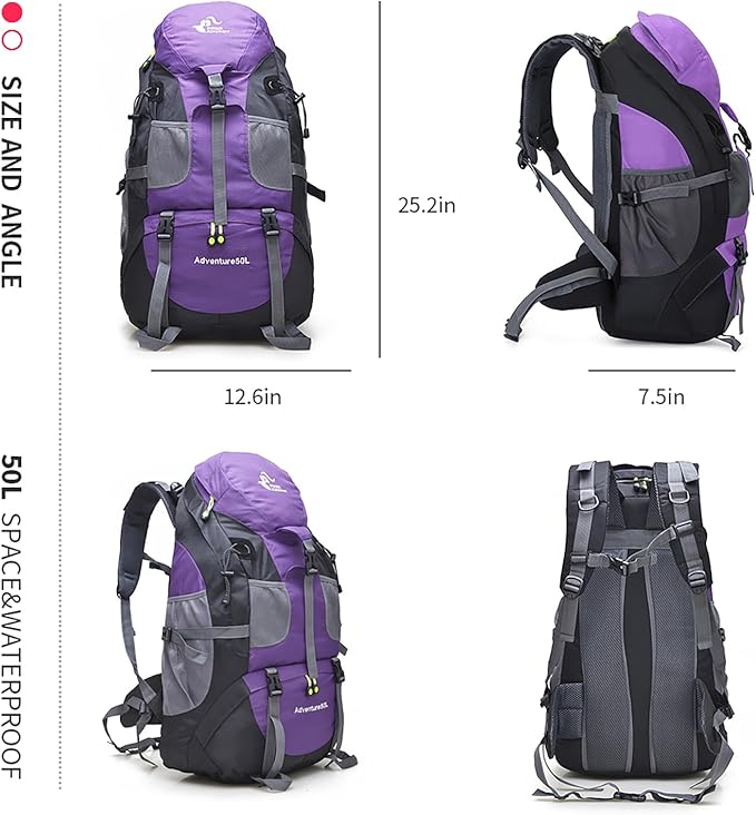 Bseash 50L Hiking Backpack, Water Resistant Lightweight Outdoor Sport Daypack Travel Bag for