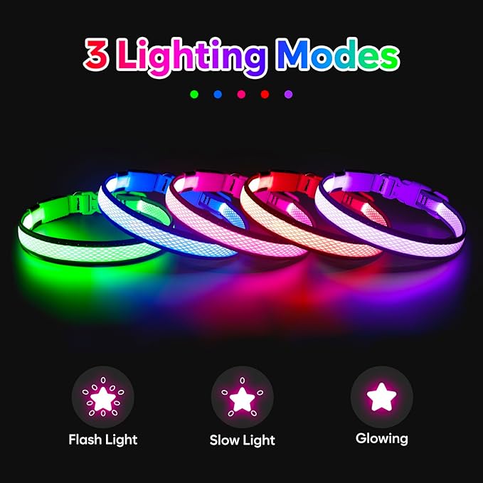 Flashseen LED Dog Collar, USB Rechargeable Light Up Dog Collar Lights, Adjustable Comfortable Soft