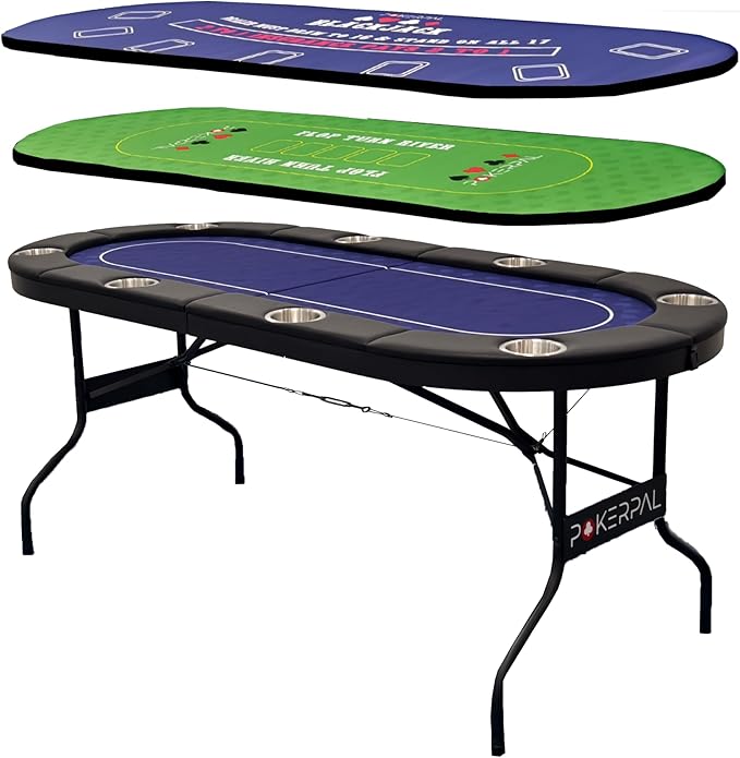 8 Player Poker Table with 2 Interchangeable Game mats, Texas Holdem Poker and Blackjack