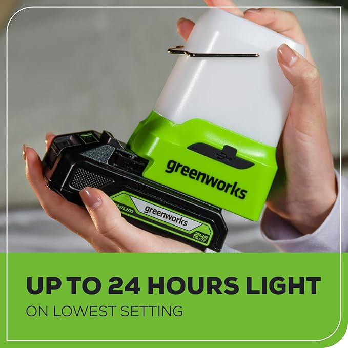 Greenworks 24V Lantern Cordless 500lm Camping Light Kit with USB-A and USB-C Port, 2Ah Battery and
