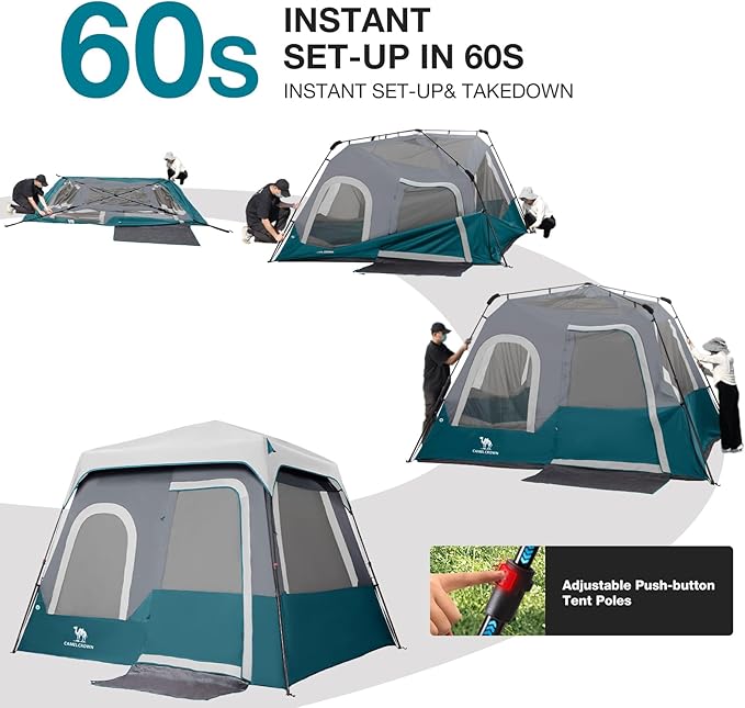 Camping Tents 4/6 Person Pop Up Instant Tent - Setup in 60s for Family Camping, Windproof Design
