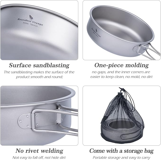 Boundless Voyage Titanium Bowls Dishes Set with Folding Handle Lightweight Portable Plates Saucers