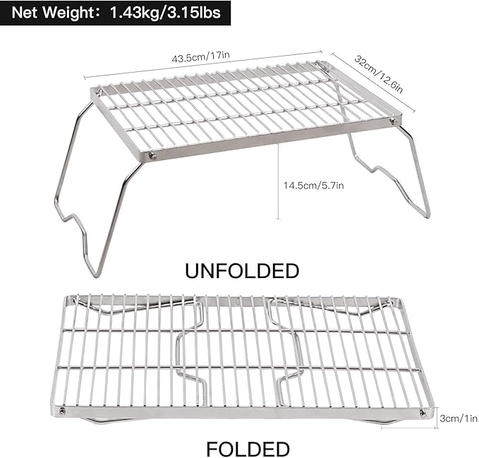 REDCAMP 17" Large Folding Campfire Grill 304 Stainless Steel Grate, Heavy Duty Portable Camping