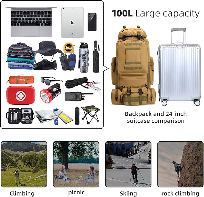 100L Camping Hiking Backpack,Molle military Tactical rucksack backpack,Waterproof Lightweight