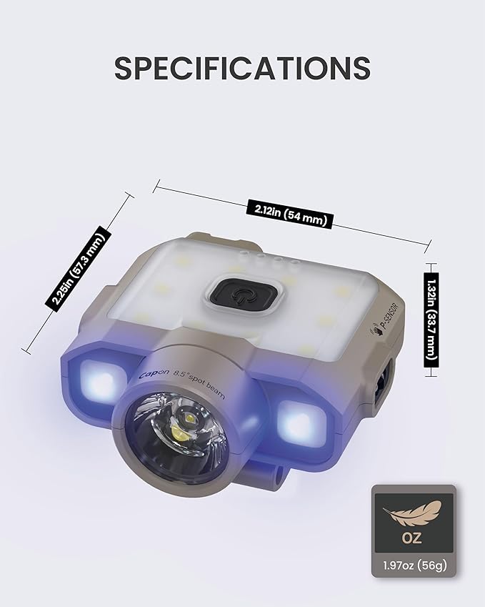 Claymore Capon 120D UV (Tan) - LED Rechargeable Clip-On Cap Headlamp, Lightweight Hat Light for