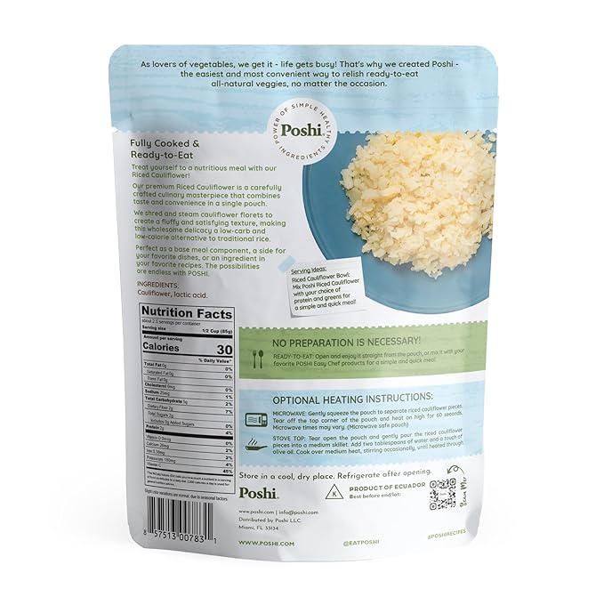 POSHI Riced Cauliflower | All Natural, Fully Cooked, Ready to Eat, Non-GMO, Low Calorie + Carb