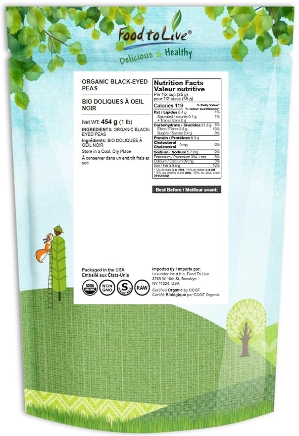 Food to Live Organic Black-Eyed Peas, 1 Pound ??Raw Dried Cow Peas, Non-GMO, Bulk Beans, Product of