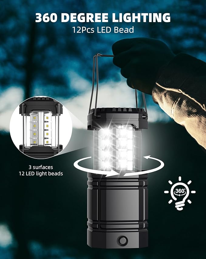 4 Pack Solar Camping Lantern with 1600mAh Rechargeable Battery, 30-Hour Runtime, 360° LED Tent