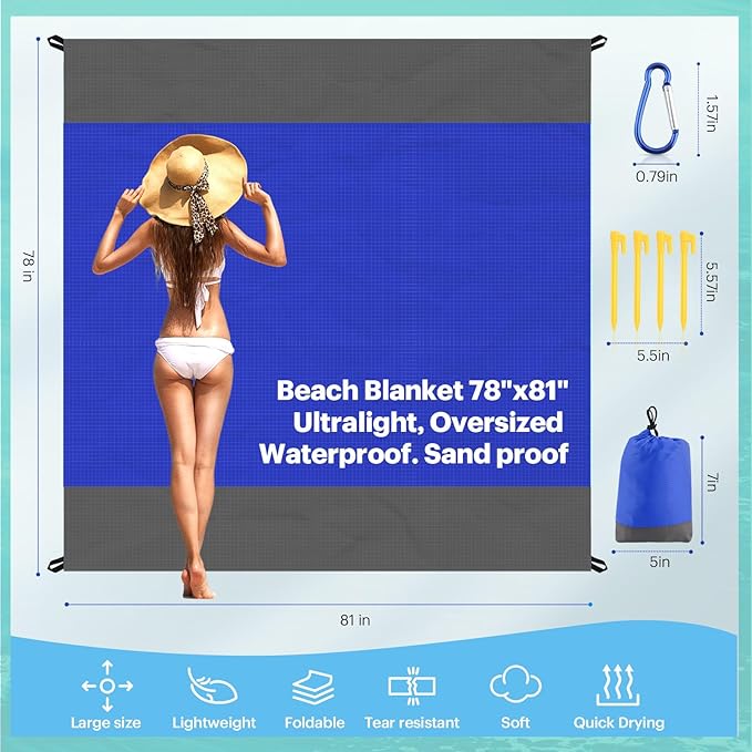 EASYFUN Beach Blanket Sandproof Oversized, 79''×83'' Extra Large Beach Mat, Portable Picnic Mat for
