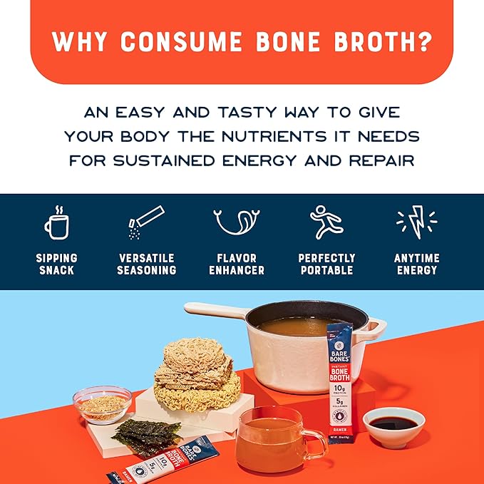 Bare Bones Bone Broth Instant Powdered Beverage Mix, Ramen, Pack of 16, 15g Sticks, 10g Protein