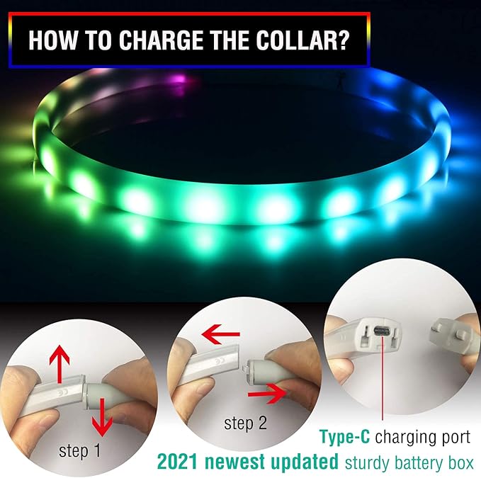 Led Dog Collar Rechargeable USB-C, Super Bright Multi-Color Light Up Collar, Weatherproof Lighted