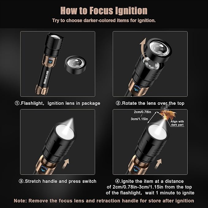 SKYFIRE LED Flashlights High Lumens with Ignition Lens,2000lm Super Bright Rechargeable