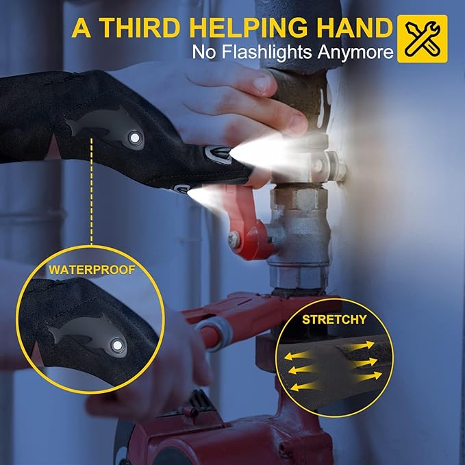 LED Rechargeable Flashlight Gloves, Gifts for Men, for Dad, Cool Stretchy Fingerless Light Gloves