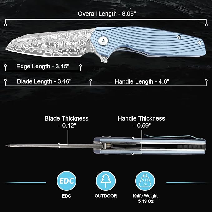 Damascus Pocket Knife 3.46" Damascus Steel Blade EDC Pocket Knives & Folding Knives for Men Women