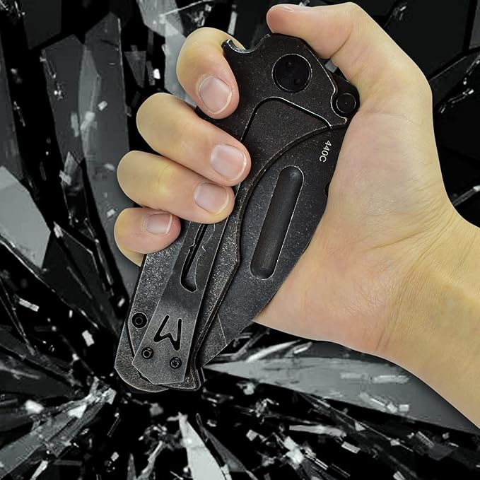 AUBEY Folding Pocket Knife with Tanto Tumbled 440C Steel Blade, Frame Lock, Black G10 Handle, Clip