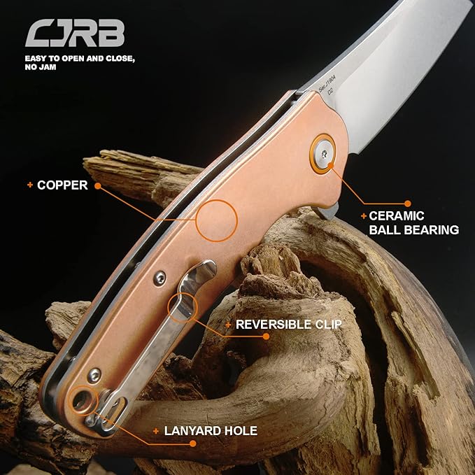 CJRB Crag Folding Pocket Knife, 3.43" D2 Steel Blade Copper Handle EDC Knife with Pocket Clip for