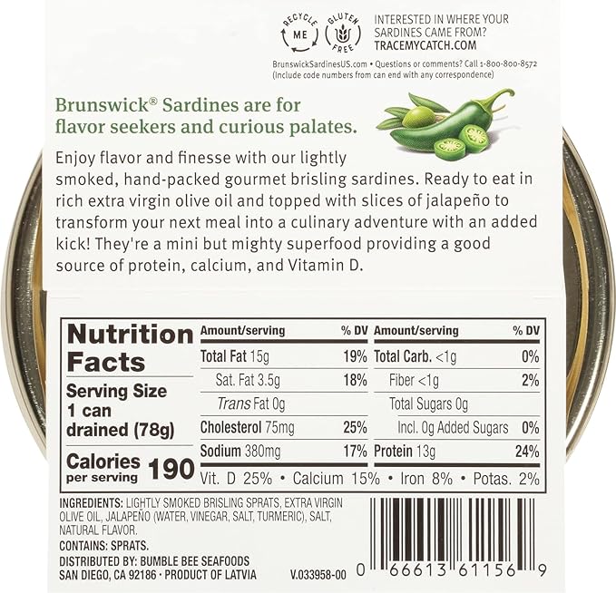 Brunswick Wild Caught Gourmet Brisling Sardines in Extra Virgin Olive Oil Topped with Jalapeño