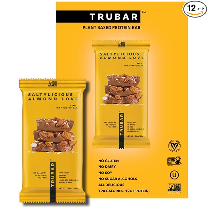 TRUBAR Vegan Protein Bar, Saltylicious Almond Love, Gluten Free, Plant Based, High Fiber, Dairy
