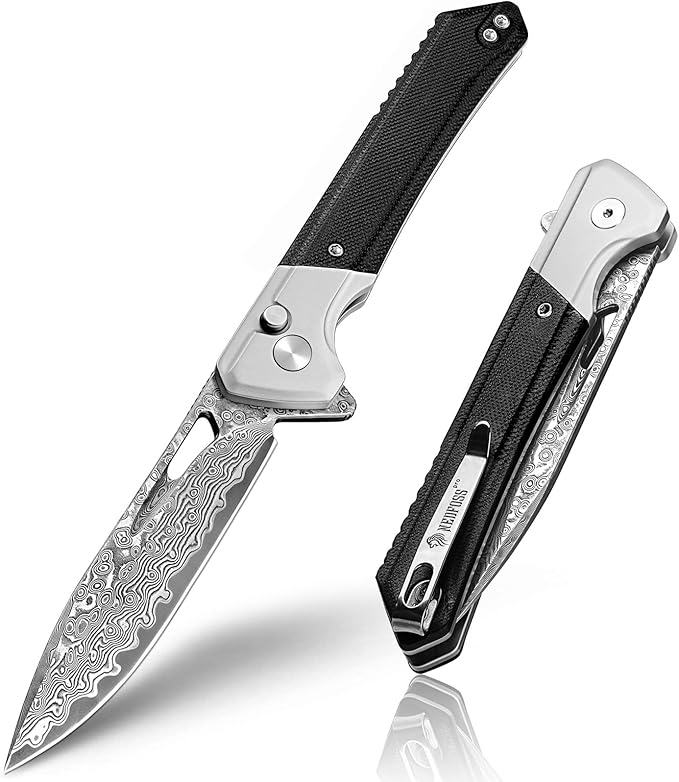 NedFoss ELF Damascus Pocket Knife for Men, 3.3" Button Lock EDC Folding Knife with G10 Handle
