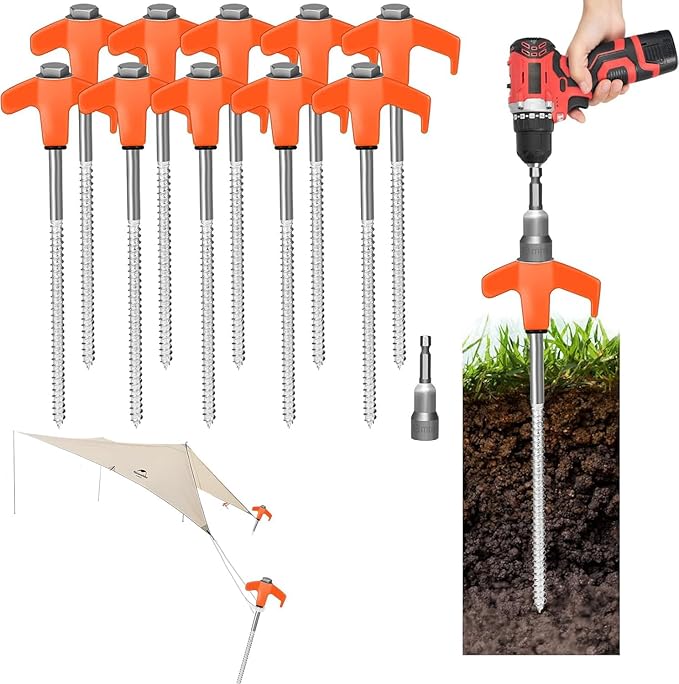 8" Screw in Tent Stakes Heavy Duty, Ground Anchors Screw in, Metal Threaded Tent Spikes, Camping