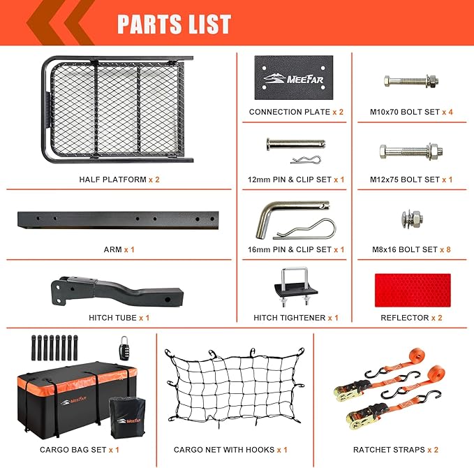 MeeFar Folding Hitch Mount Cargo Carrier Basket 60" X 20" X 6"+Waterproof Cargo Bag 16 Cubic
