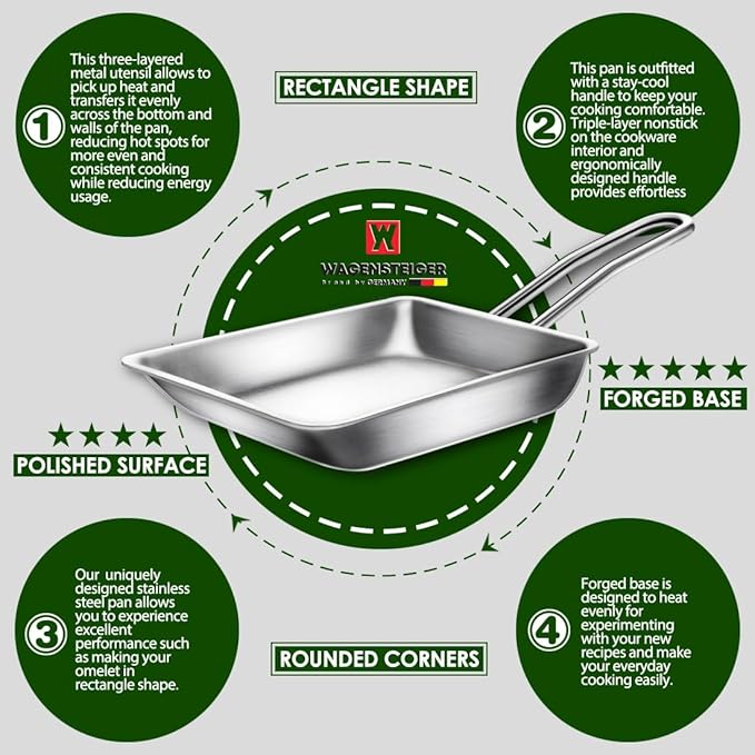 Stainless Steel Fry Pan, 3-Ply Reinforced Body, Rectangular Omelet Pan, Oven & Dishwasher Safe